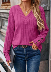 V Neck Button Detail Textued Casual T-shirt